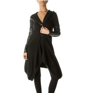 NWT BLANKNYC Faux Leather/Wool Cardigan Long Sleeve Hooded Sweater - black - L